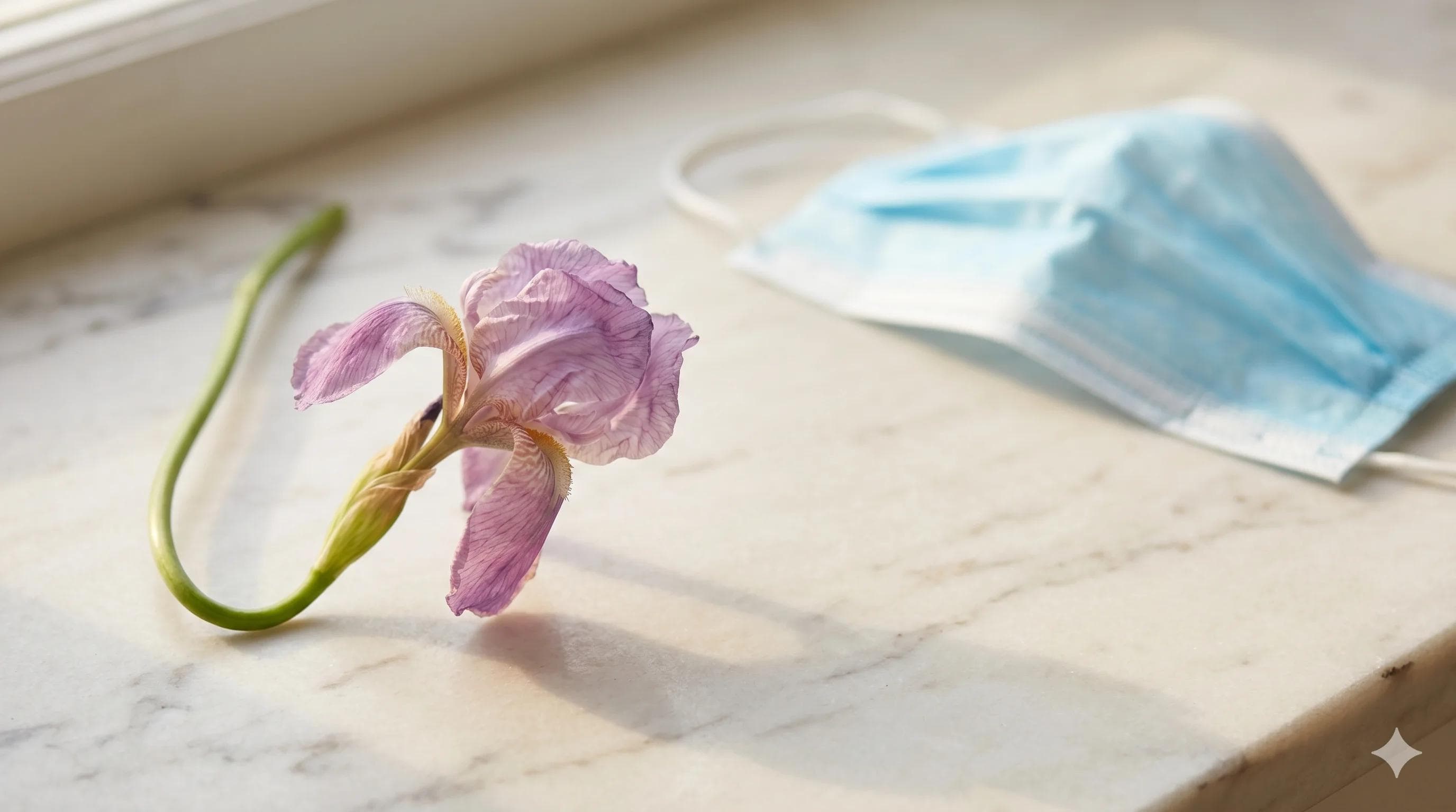 Fleur retombante et masque chirurgical illustrant la dysfonction érectile post-Covid et la convalescence masculine Fleur retombante et masque chirurgical illustrant la dysfonction érectile post-Covid et la convalescence masculine