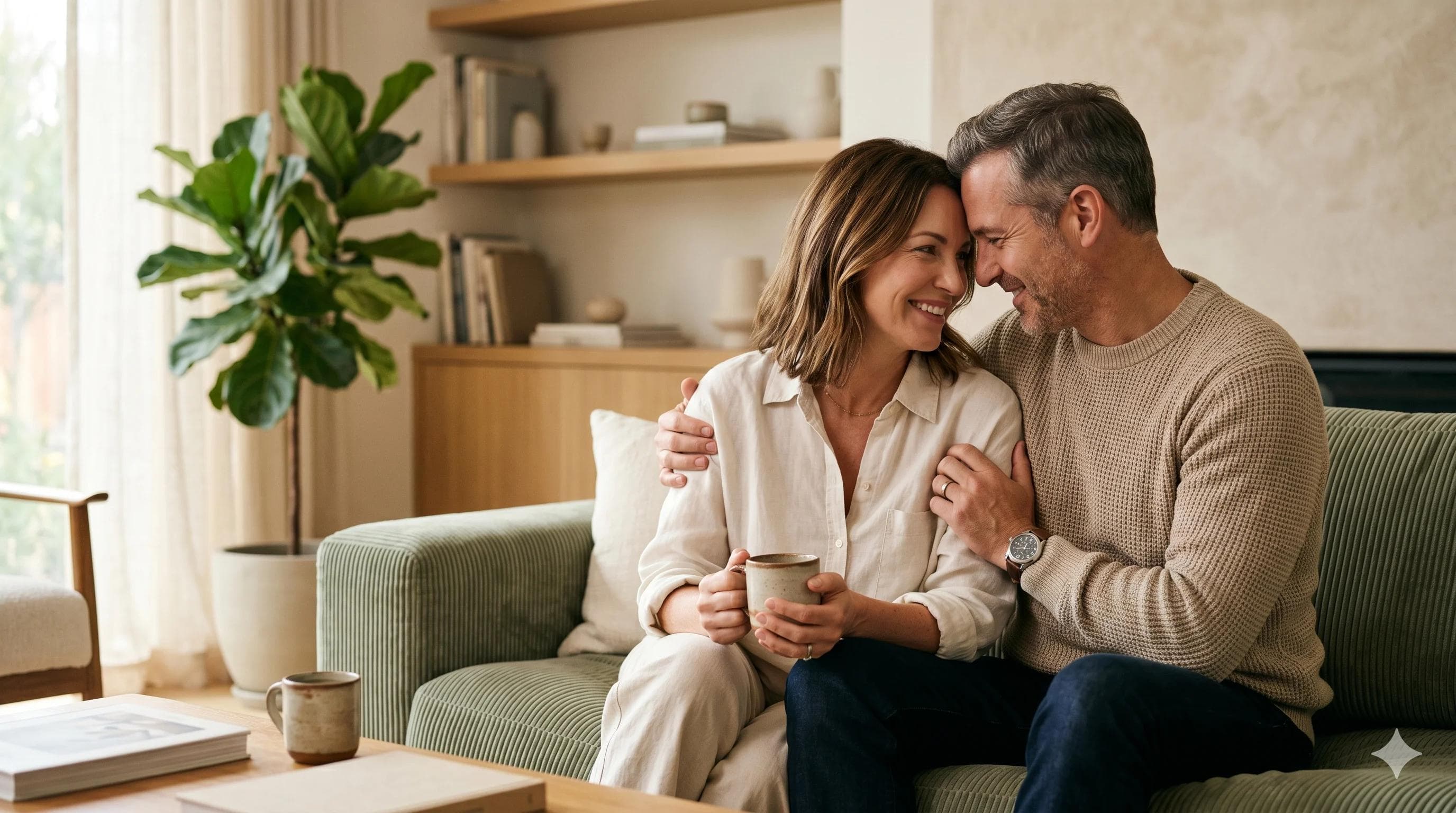 Couple adulte complice évoquant le retour de la libido et de l'intimité dans le couple chez l'homme Couple adulte complice évoquant le retour de la libido et de l'intimité dans le couple chez l'homme