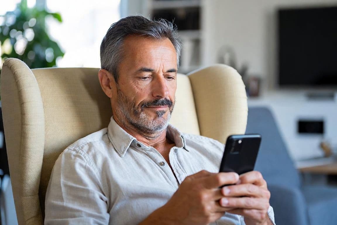 Homme consultant un avis médical en ligne sur la durée du traitement Permixon Homme consultant un avis médical en ligne sur la durée du traitement Permixon