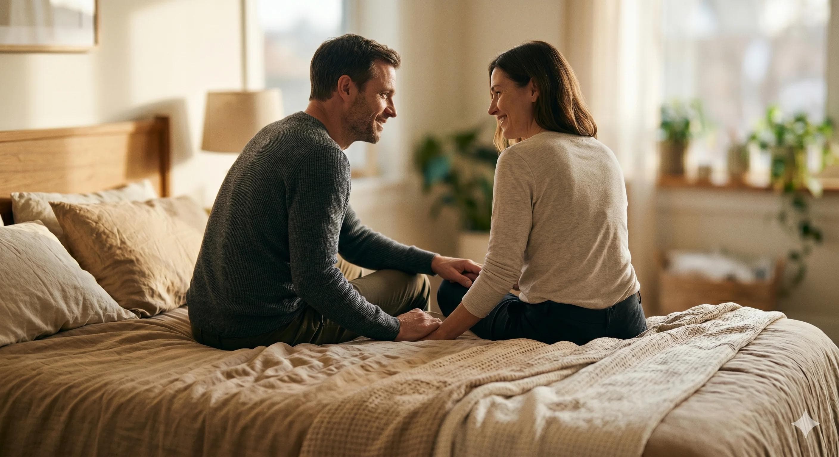 Couple complice au bord du lit évoquant le dialogue autour d'un problème d'éjaculation comme l'éjaculation précoce Couple complice au bord du lit évoquant le dialogue autour d'un problème d'éjaculation comme l'éjaculation précoce