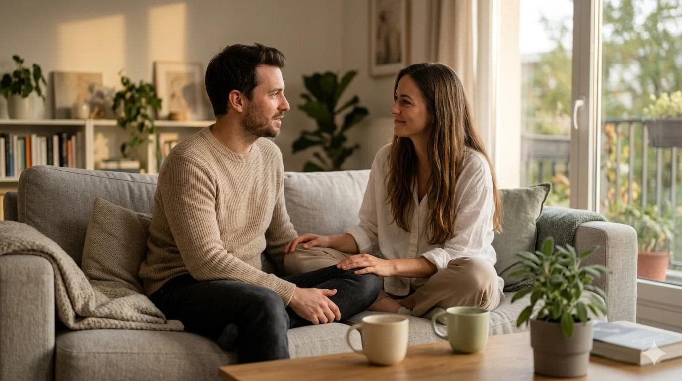 Couple en discussion bienveillante surmontant la peur de jouir trop vite ensemble Couple en discussion bienveillante surmontant la peur de jouir trop vite ensemble
