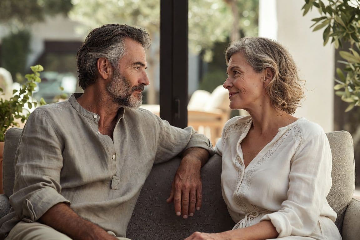 Couple mature dialoguant sereinement dans un salon méditerranéen évoquant le lien entre HBP, érection et santé sexuelle Couple mature dialoguant sereinement dans un salon méditerranéen évoquant le lien entre HBP, érection et santé sexuelle