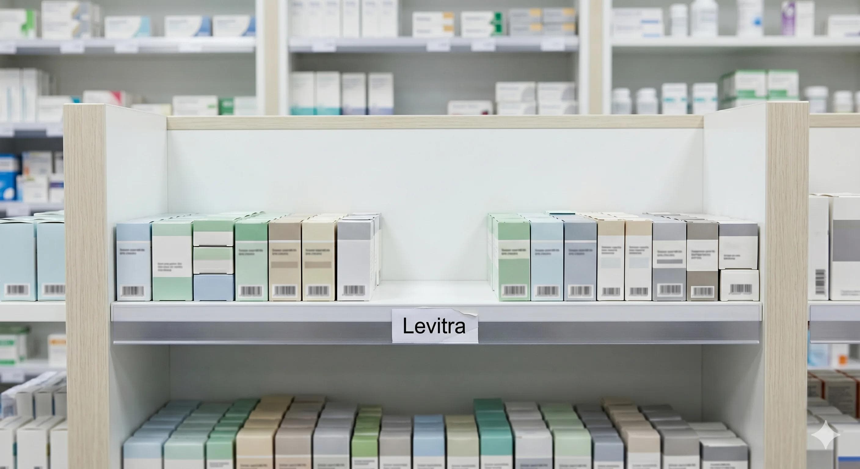 Rayonnage de pharmacie française avec un emplacement vide illustrant le retrait du Levitra du marché en France Rayonnage de pharmacie française avec un emplacement vide illustrant le retrait du Levitra du marché en France